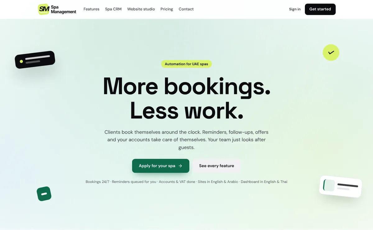 Spa Management booking and automation platform for UAE spas, home page